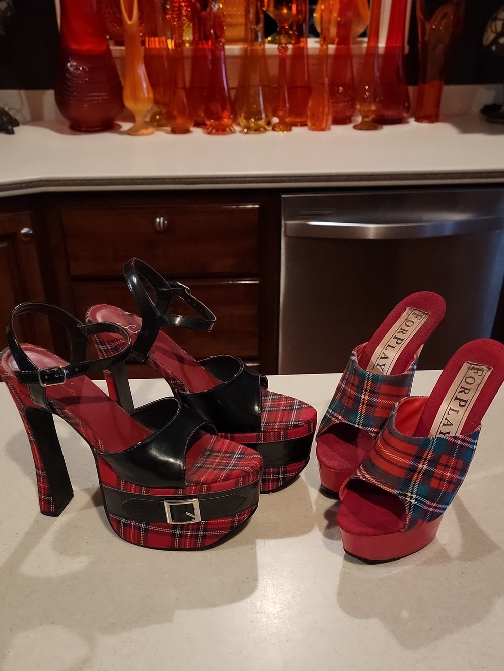 Forplay Red Plaid Platform Heels & Ellie  Black Straps and Buckle Plaid Stripper